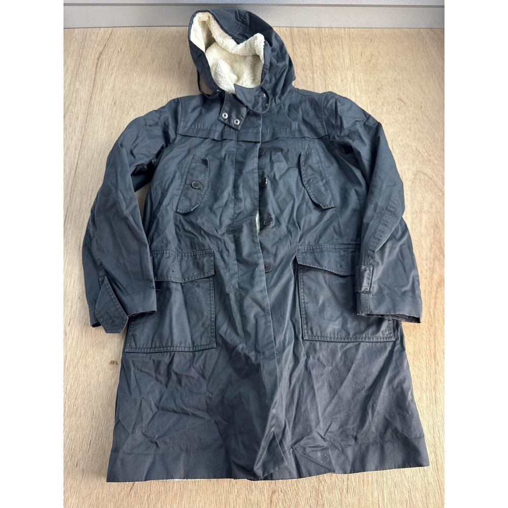 Theory‎ Coat Womens Large Blue Sherpa Lined Hooded Parka Button Insulated Canvas